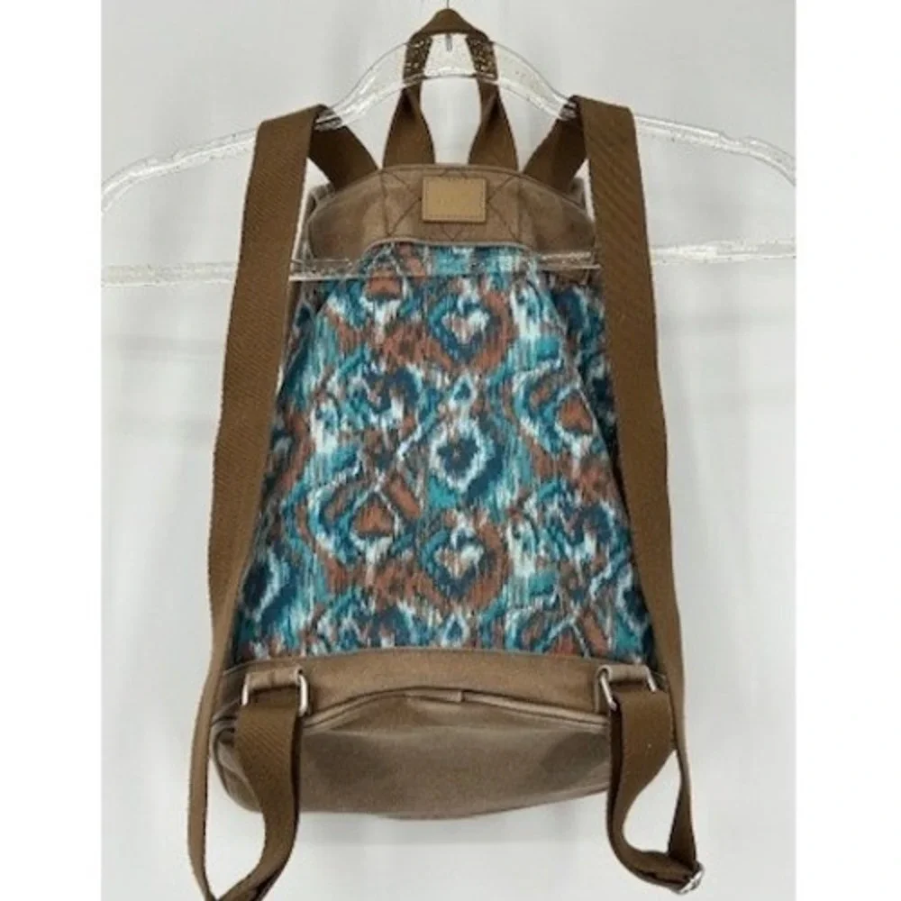 TOMS Ikat Southwestern Canvas Drawstring Backpack Teal Brown Boho Festival Bag